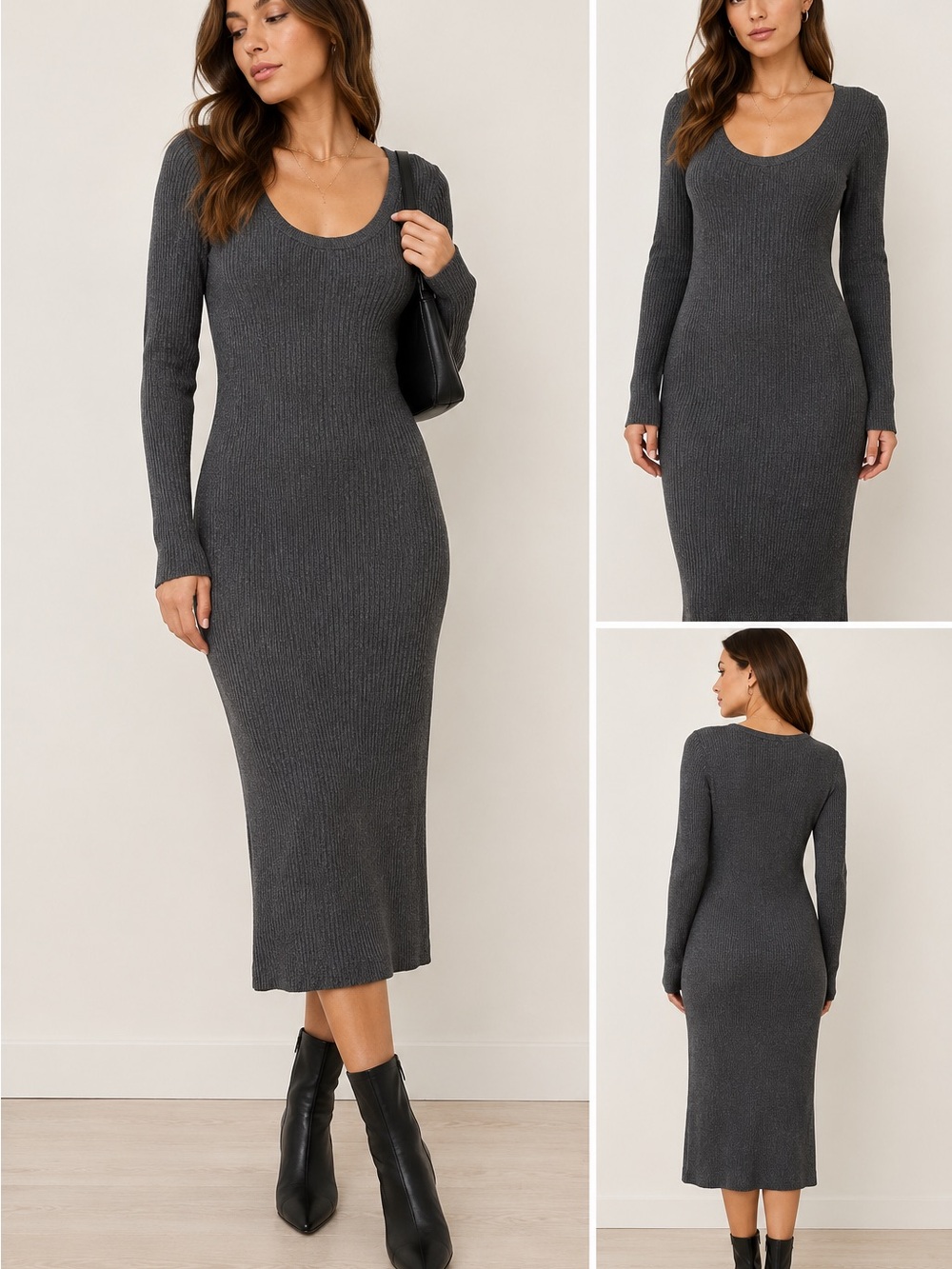 LOFT Charcoal Ribbed Scoop Neck Long Sleeve Midi Dress
